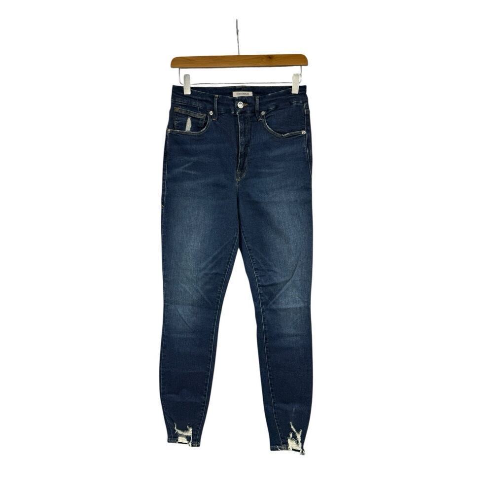 Good American Good Waist Distressed Skinny Jeans Dark‎ Size 10/30 Retail $150